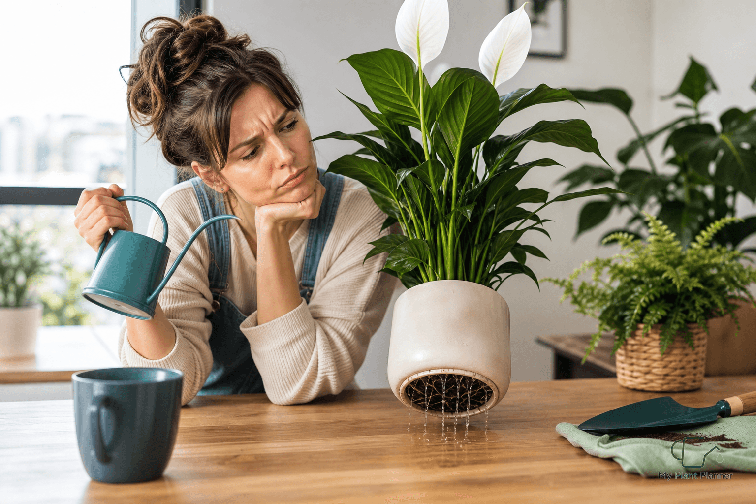 A peace lily in an indoor pot near bright indirect light