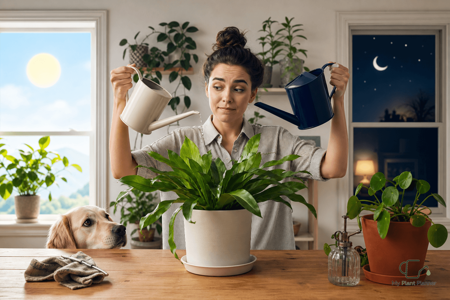 A person checking the soil of an indoor plant near a bright window in the morning