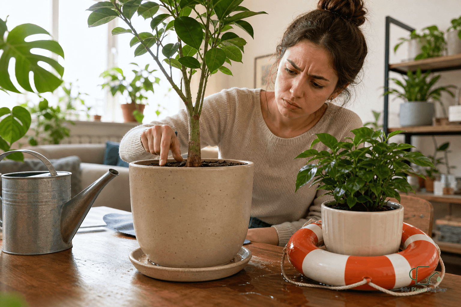 Indoor houseplants in different pot sizes on a shelf