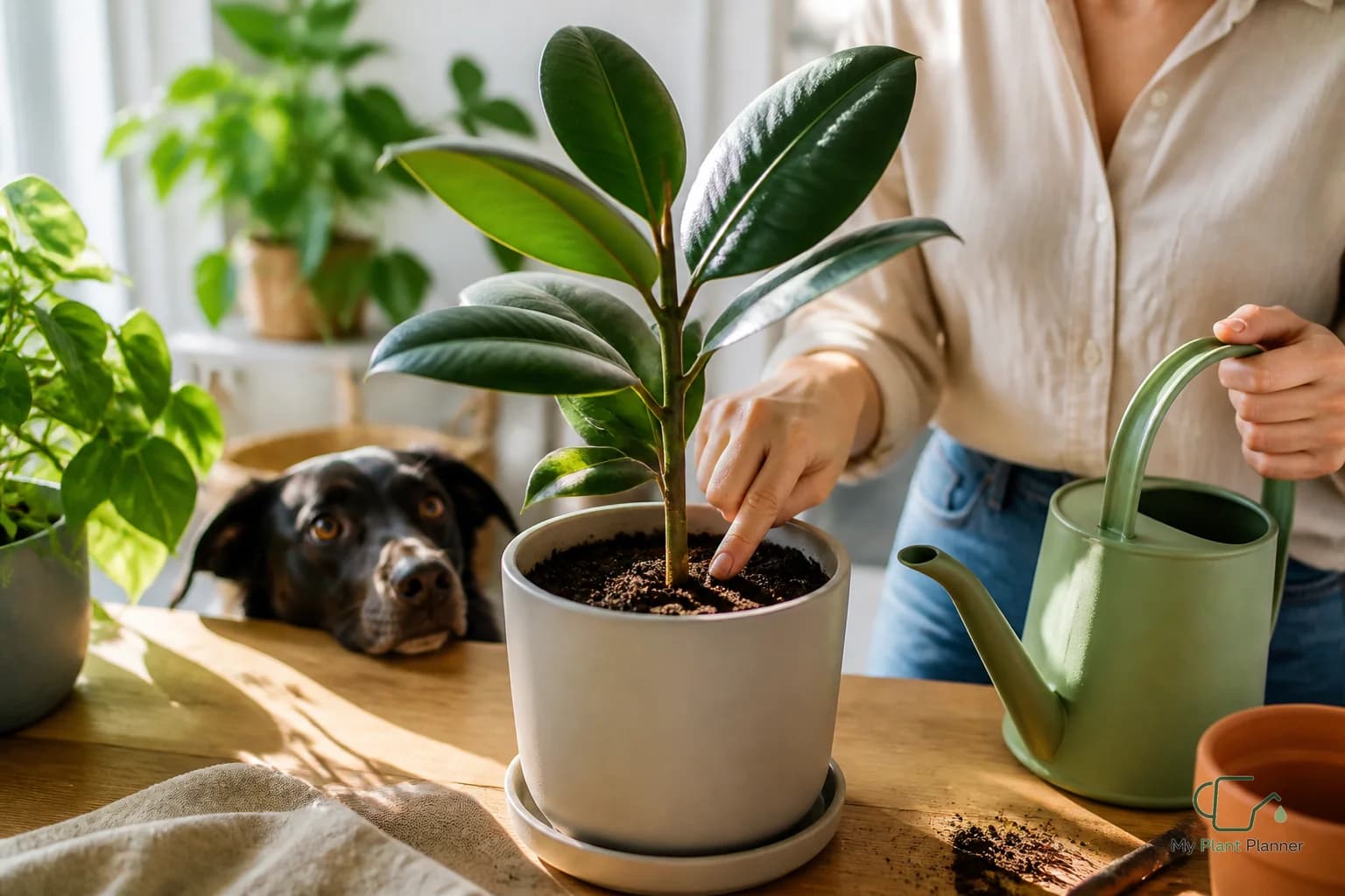 Rubber plant in a nursery pot beside a watering can indoors