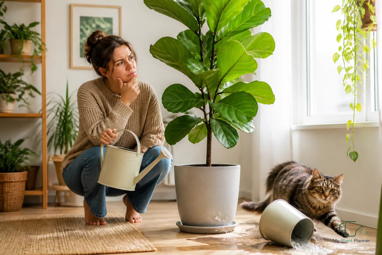 Fiddle leaf fig in a bright indoor room with a watering can nearby