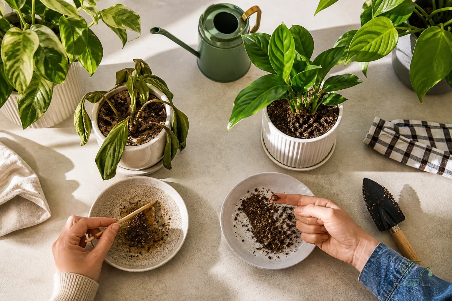 Indoor houseplant in a nursery pot being checked for soil moisture