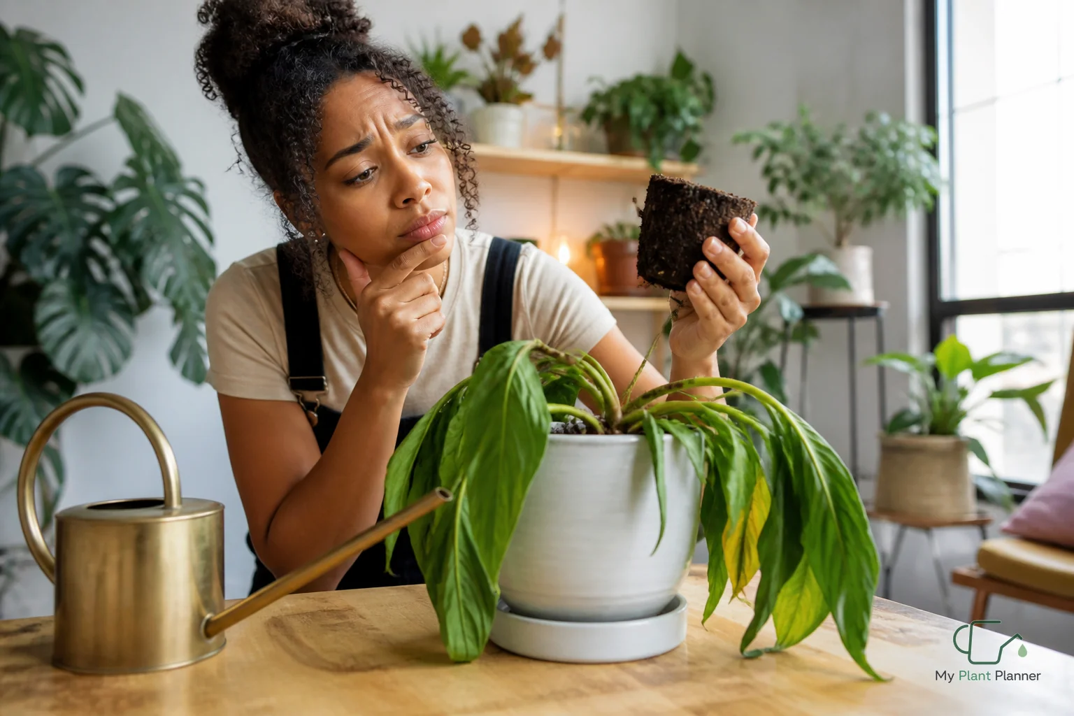 Drooping indoor plant in a pot being checked before watering
