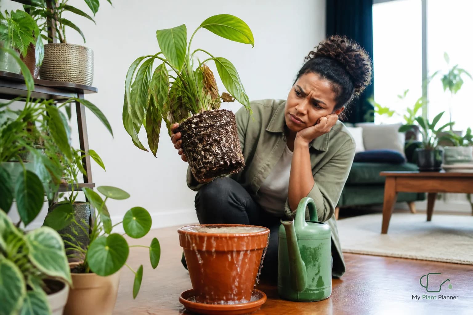 A houseplant in a nursery pot with damp soil being checked before watering