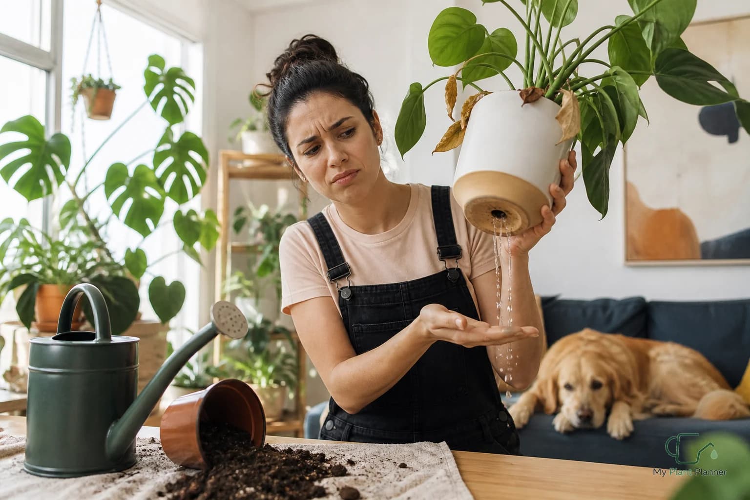 Indoor houseplant in a draining pot being checked before watering