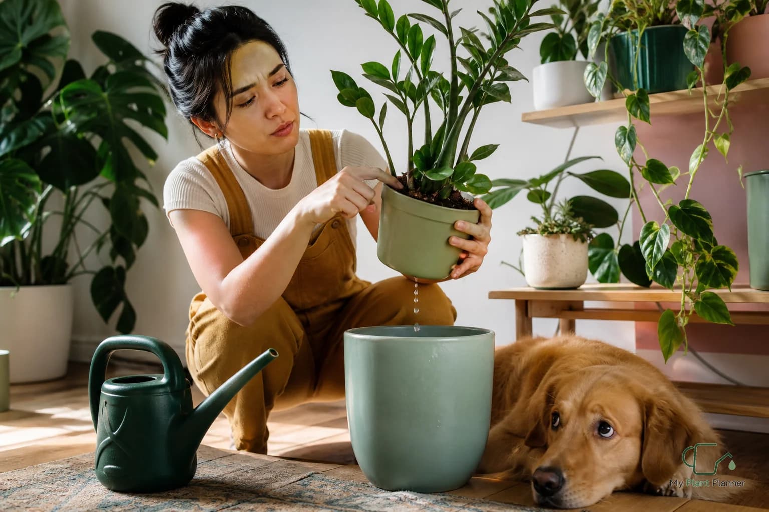 Indoor plant in a nursery pot beside a moisture check note