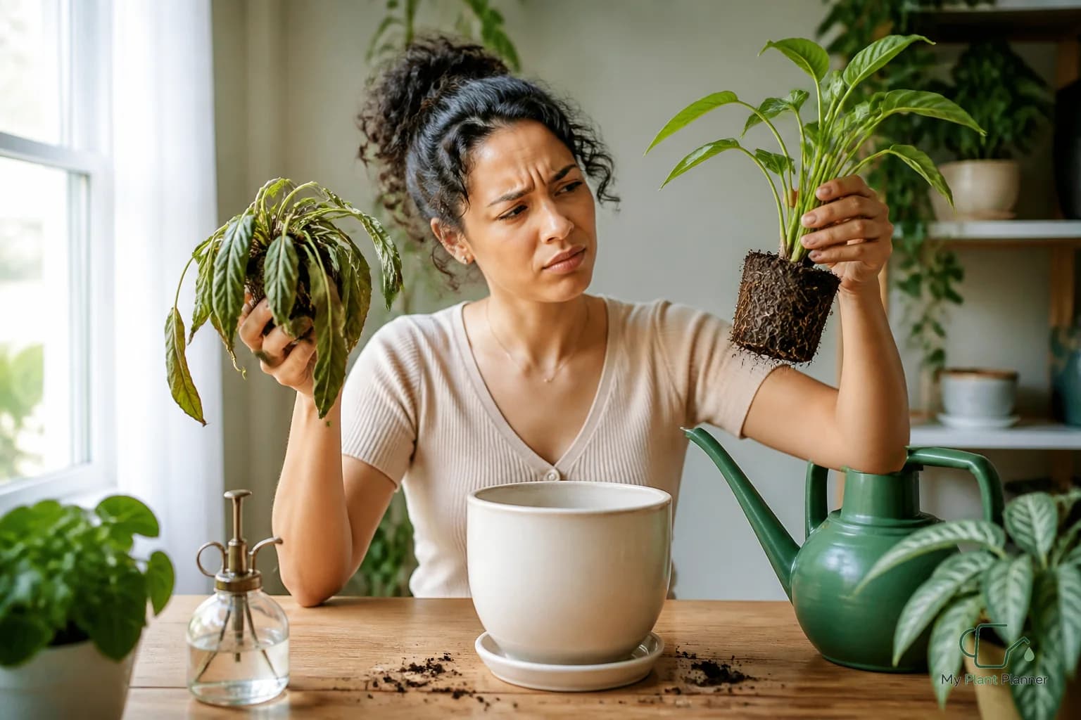 Houseplant in a nursery pot being checked for soil moisture before watering