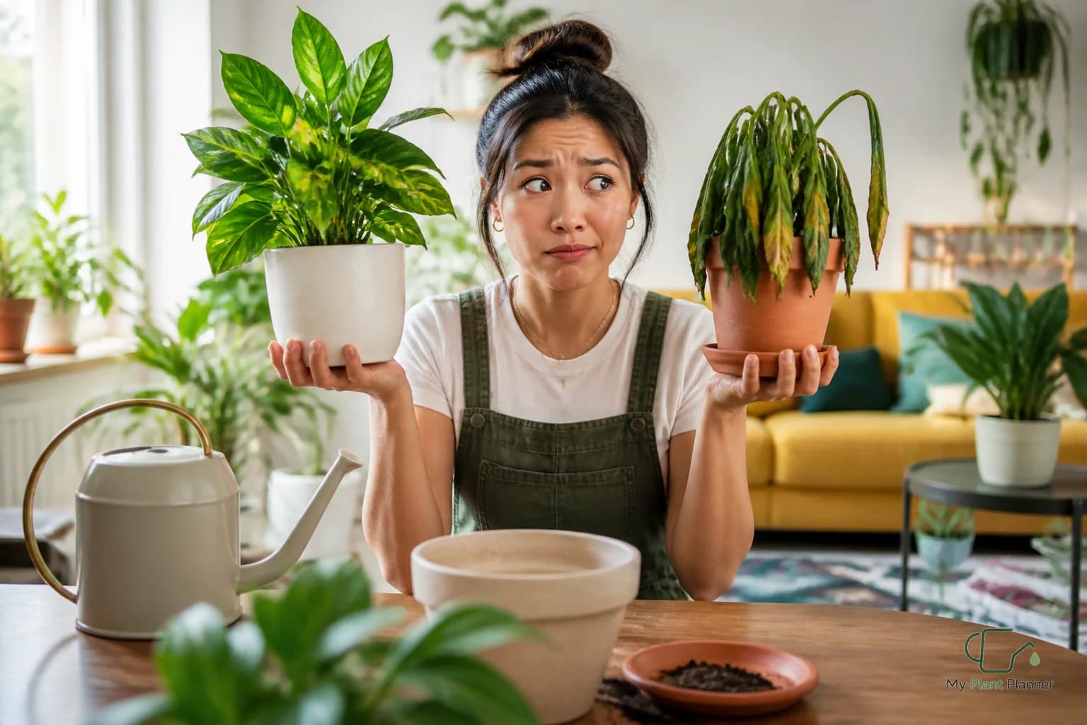 Indoor houseplant leaves being checked before watering