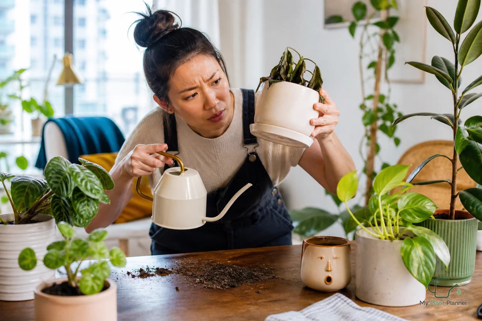 A person checking soil moisture in an indoor potted houseplant near a window