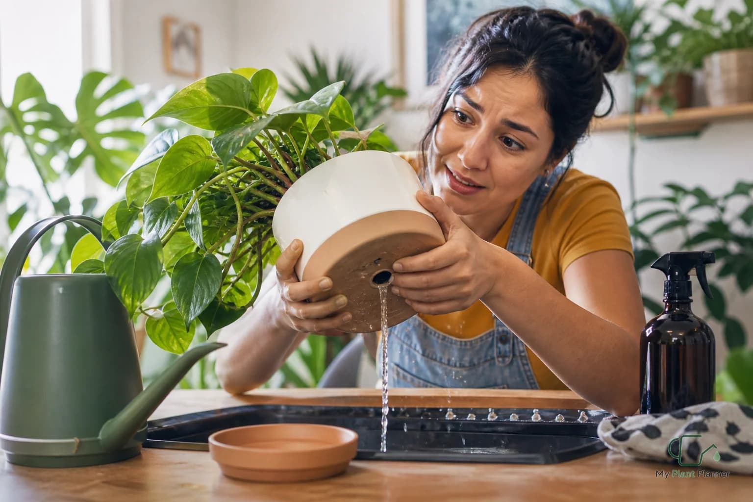 Indoor houseplant in a draining pot after a heavy watering