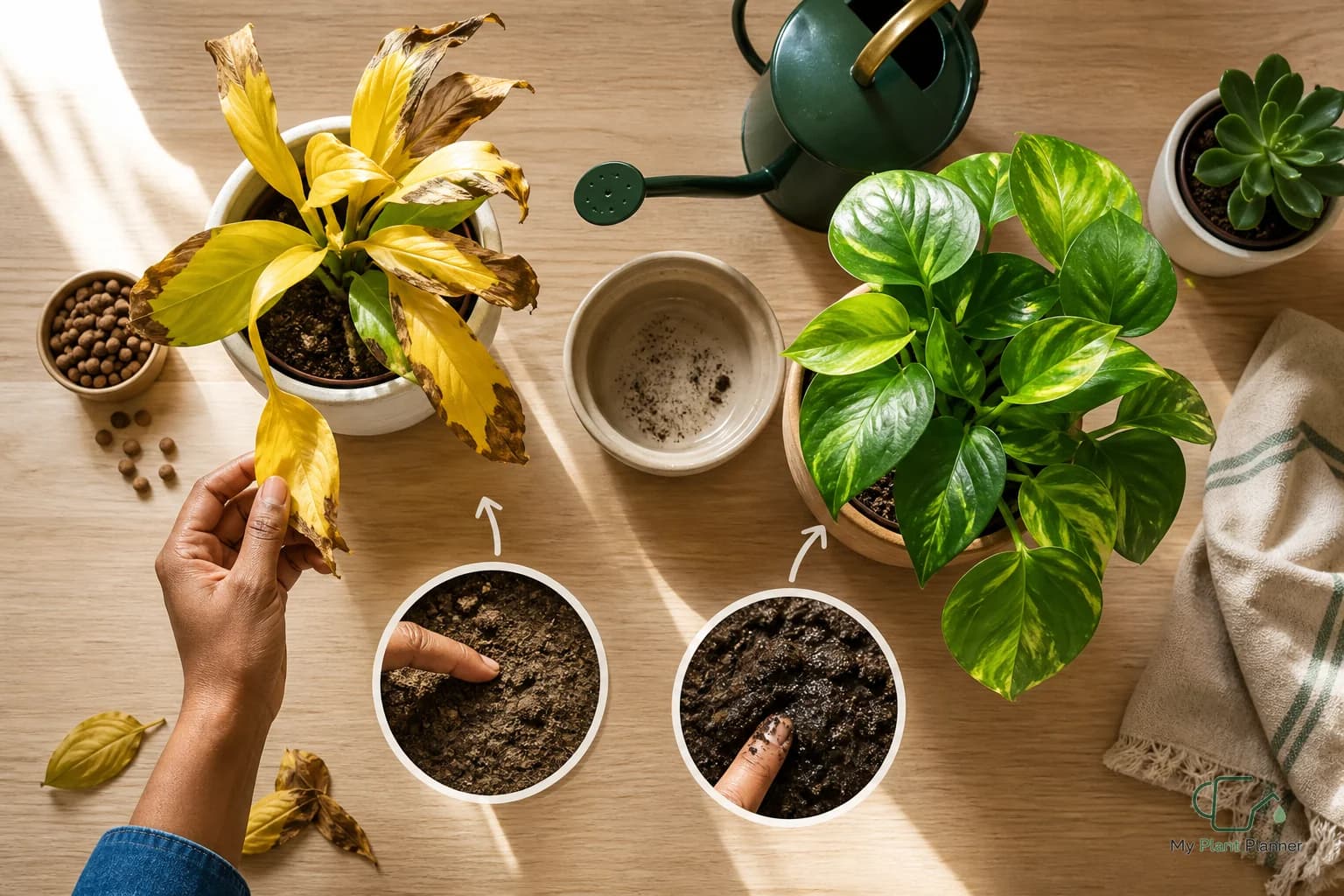 Indoor houseplant leaves with yellowing and crispy brown edges near a watering can