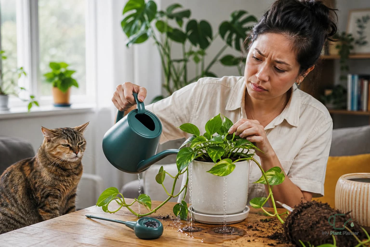 A pothos plant in an indoor pot near bright indirect light