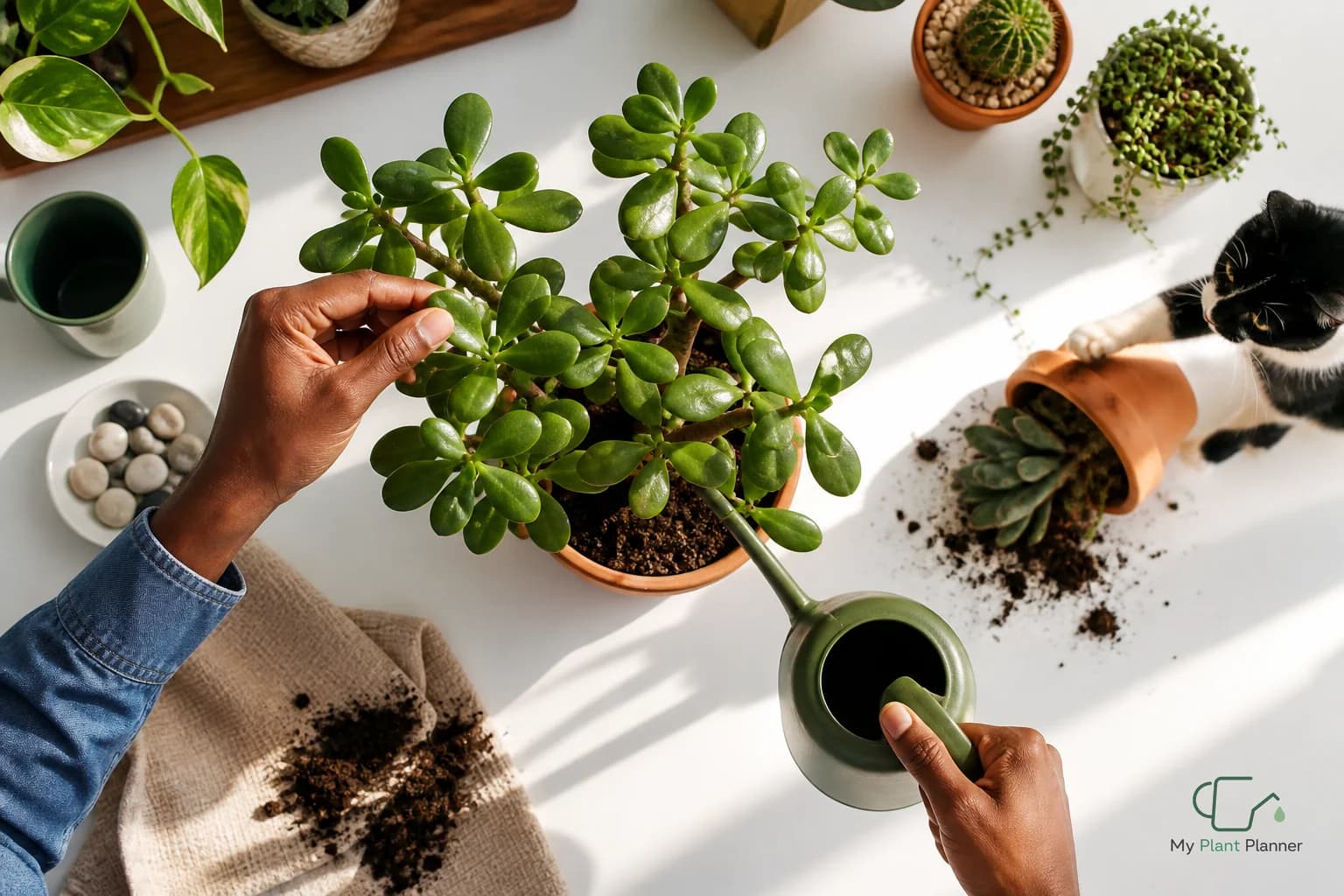 Jade plant in a small indoor pot near a bright window