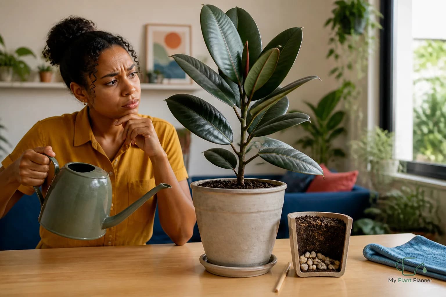Rubber plant in a pot near bright indoor light
