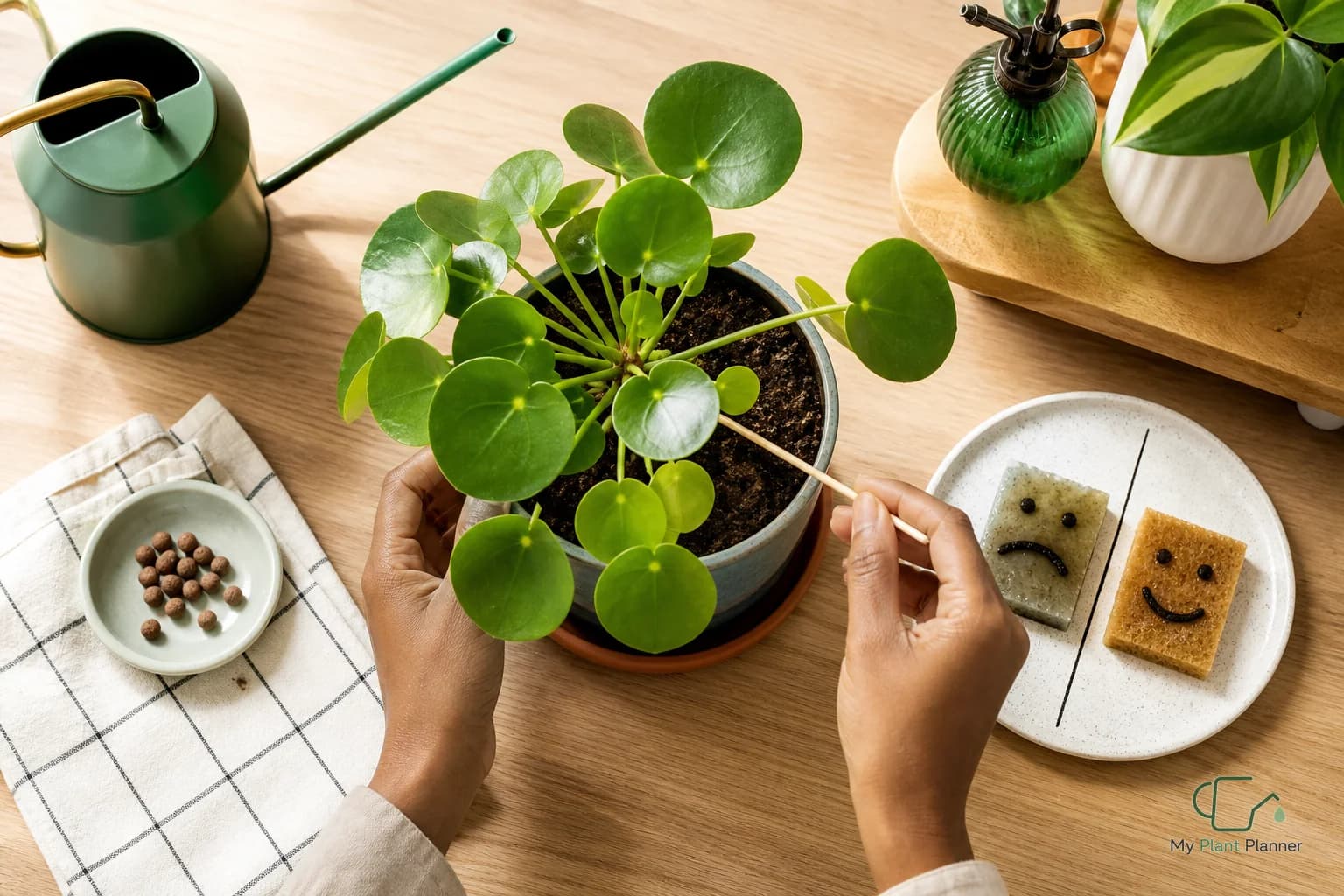 Chinese money plant in a pot near a bright indoor window