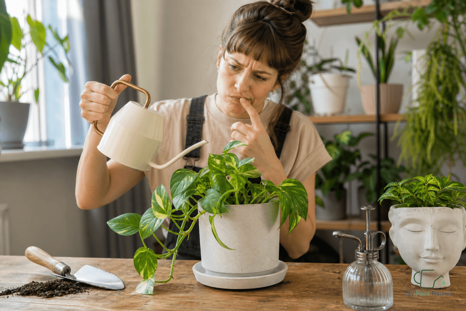 Pothos plant indoors with a practical watering check reminder