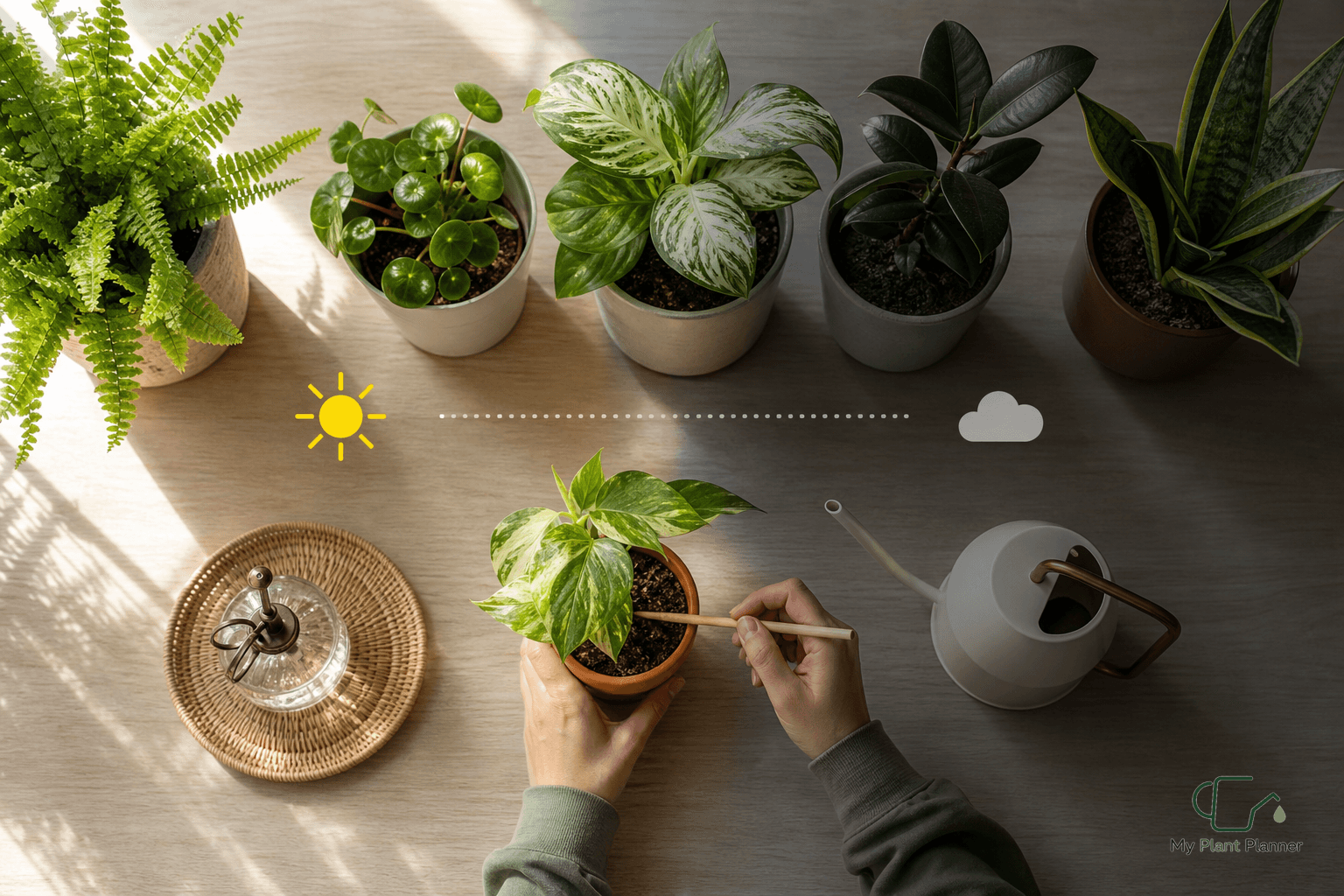 Indoor plants near a bright window with watering can nearby