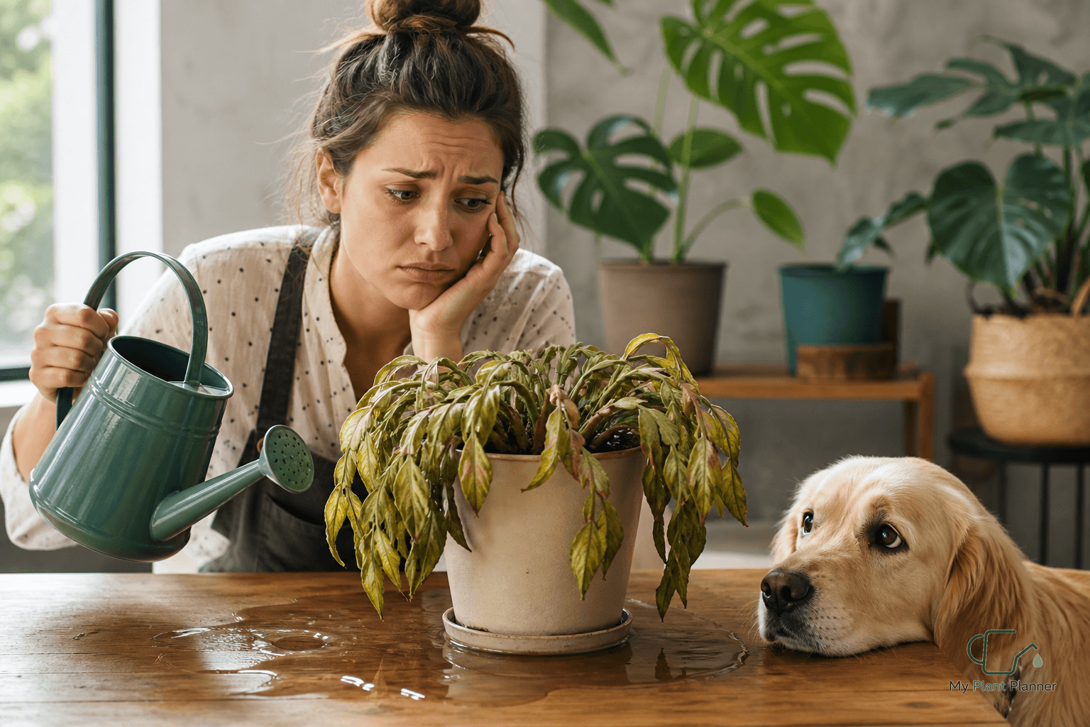 Indoor houseplant in a pot being checked for soil moisture