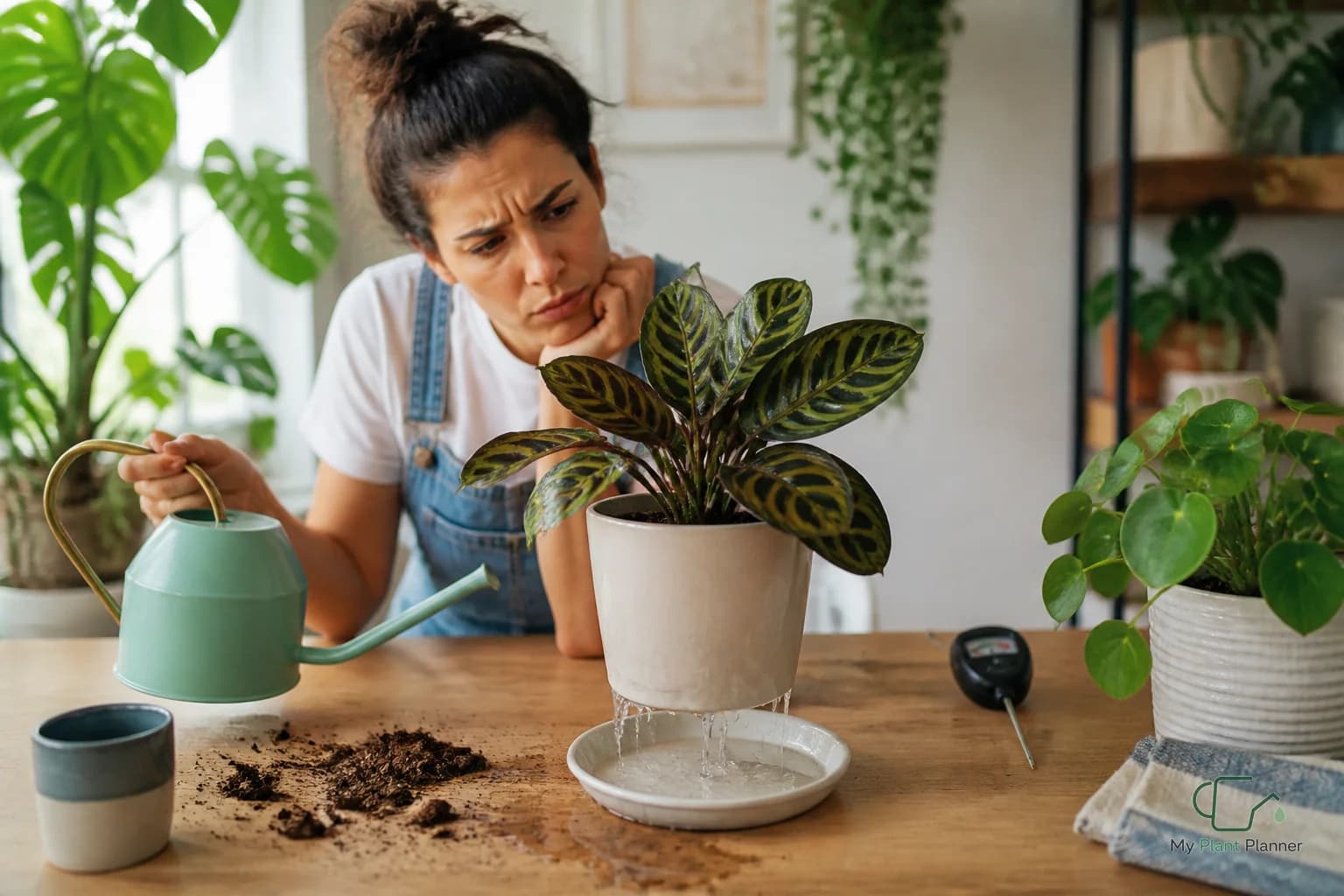 A calathea houseplant in a pot near bright indirect window light