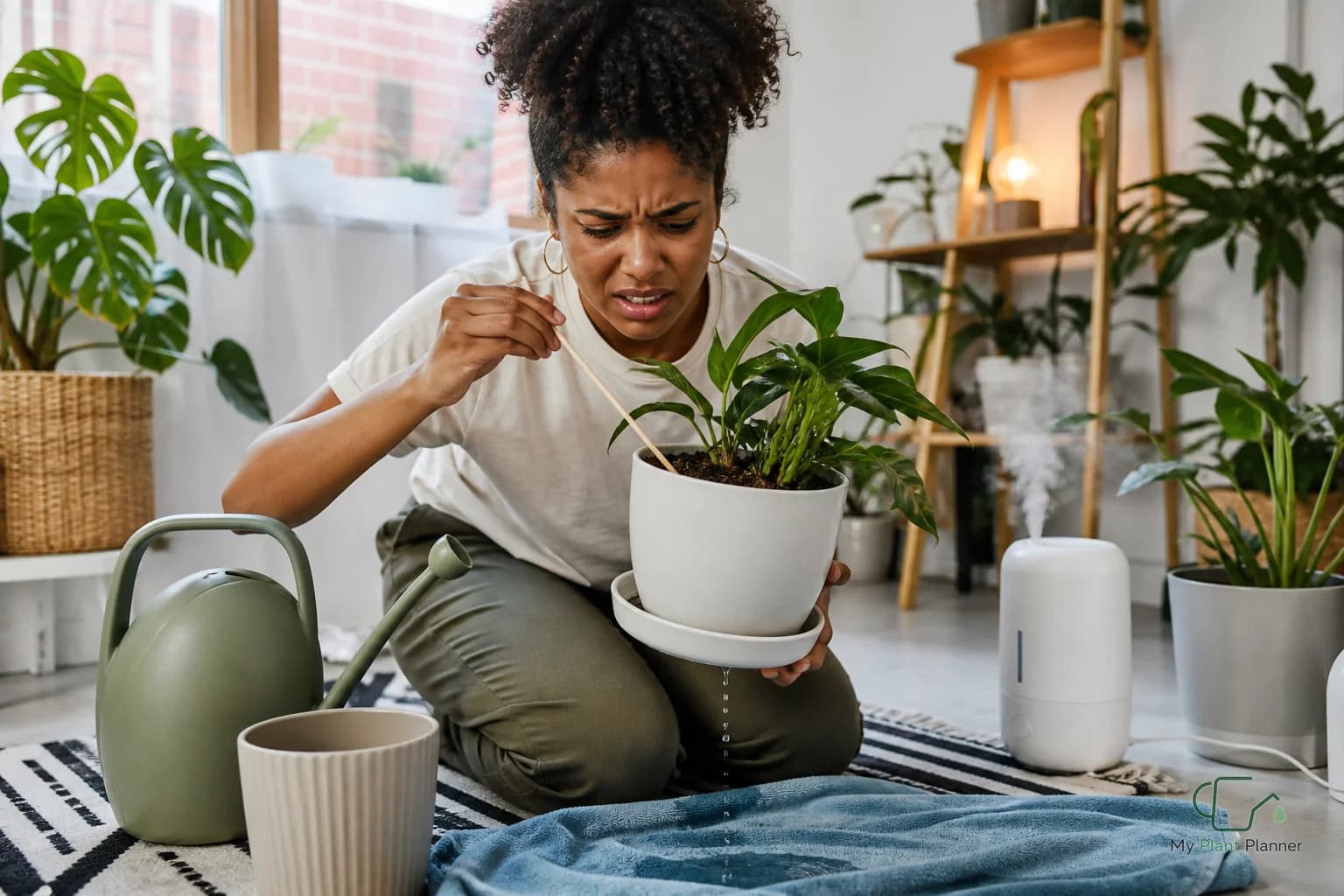 Indoor houseplant in a nursery pot with dark damp soil
