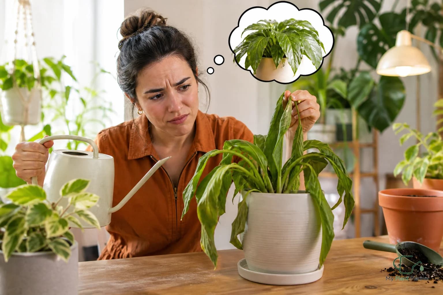 Soft indoor plant leaves being checked before watering