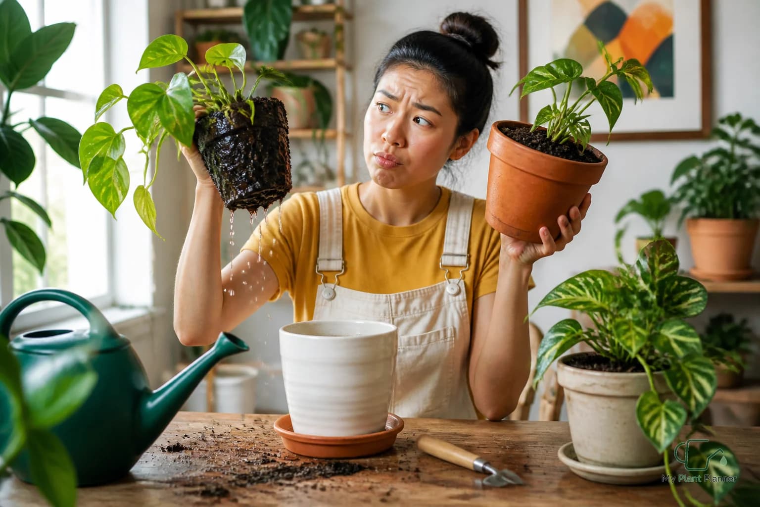 Indoor houseplant in a pot with a hand checking soil moisture before watering