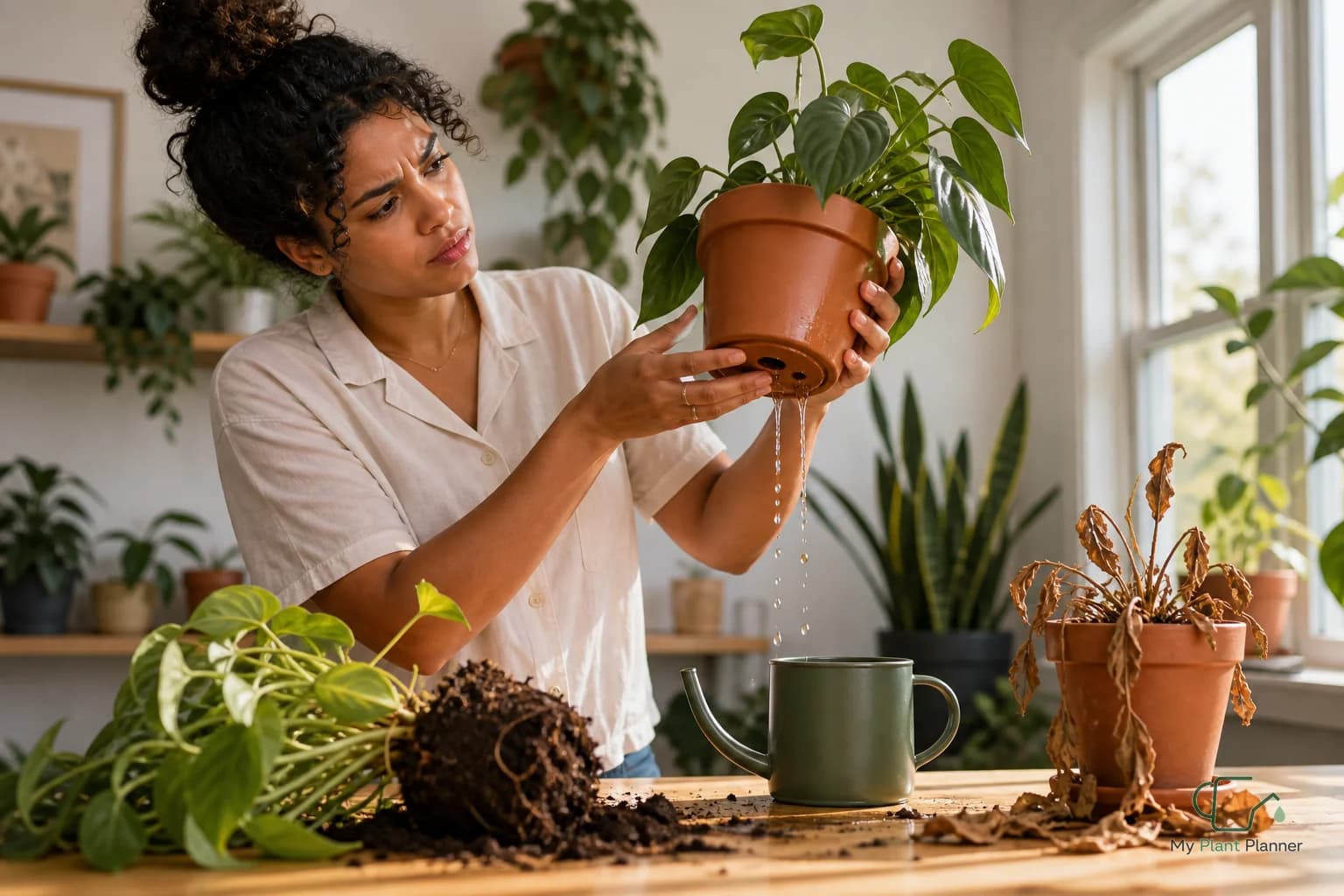 Indoor houseplant in a nursery pot being checked before watering