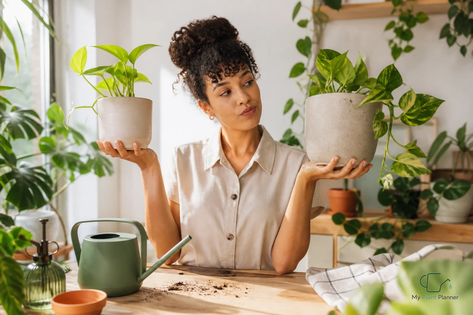 Person lifting a small indoor plant pot to judge watering need