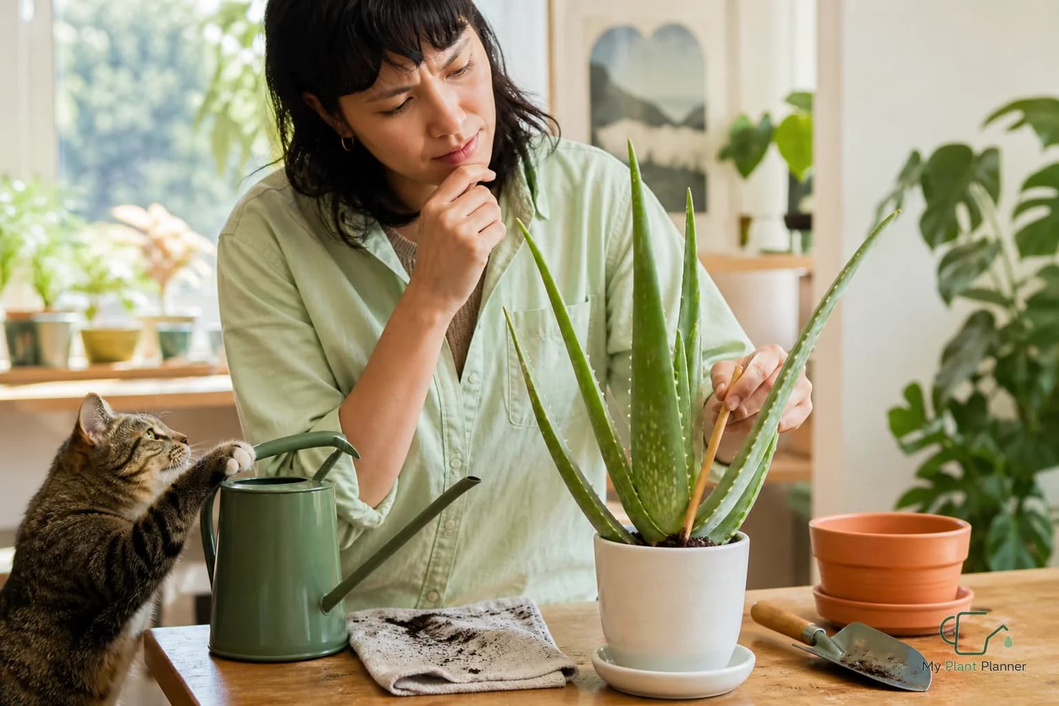 An indoor aloe vera plant in a draining pot near a bright window